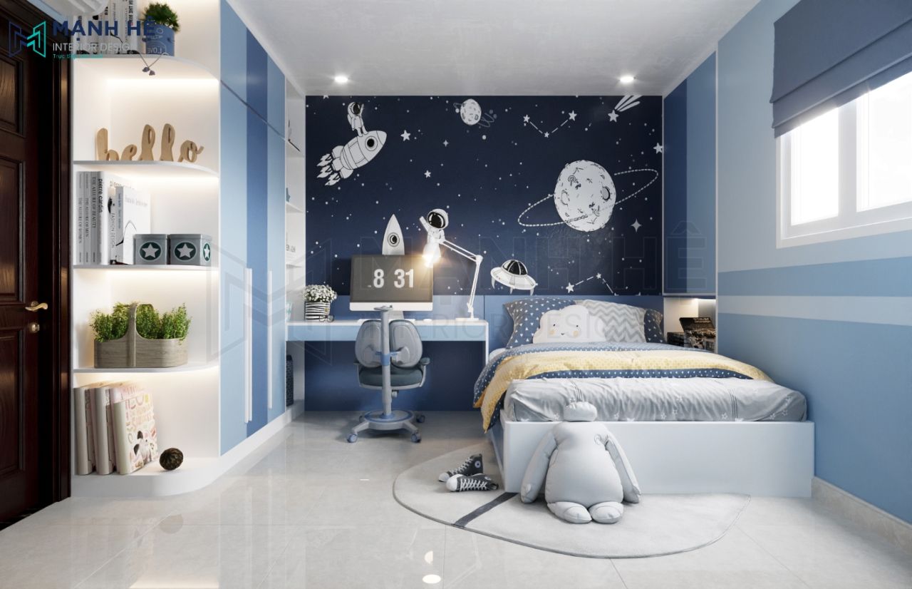 Bộ phòng ngủ trẻ em BE082 màu xanh hiện đại