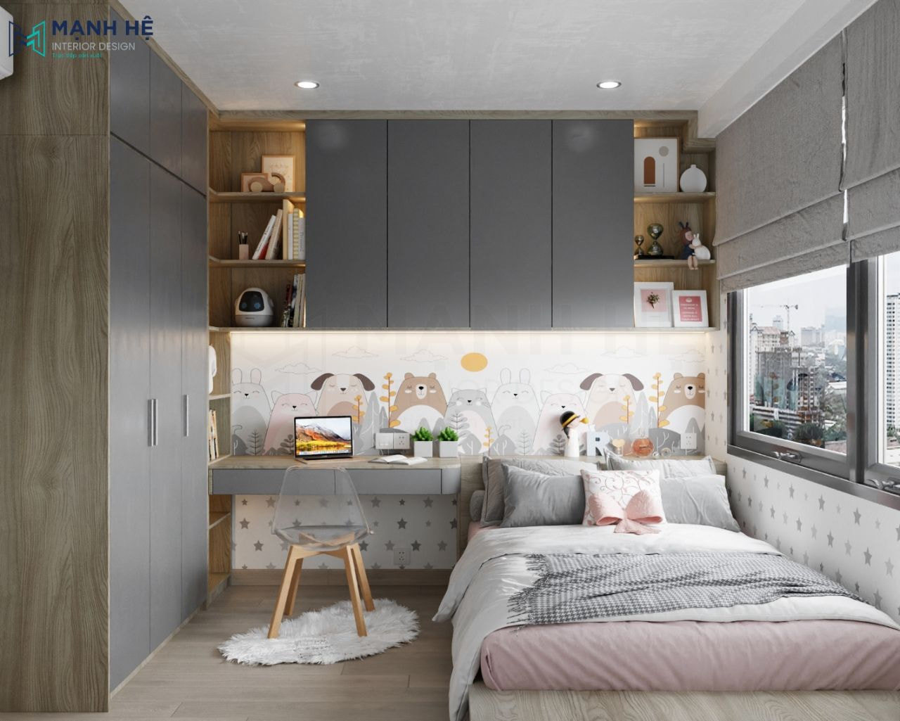 Mẫu phòng ngủ bé gái 10m2 gam màu xám nhã nhặn