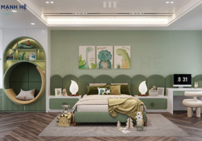Thiết kế phòng ngủ cho bé trai 10 tuổi với gam màu xanh lá cây tươi mát