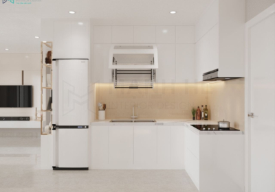 Tủ bếp gỗ công nghiệp phủ melamine màu trắng nhẹ nhàng, tinh tế