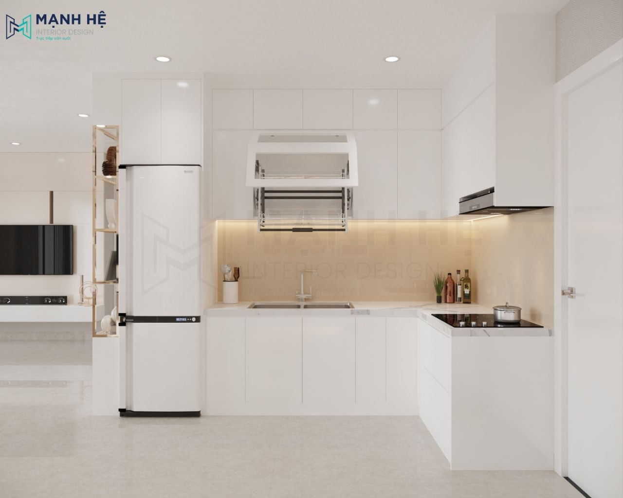 Tủ bếp gỗ công nghiệp phủ melamine màu trắng nhẹ nhàng, tinh tế 