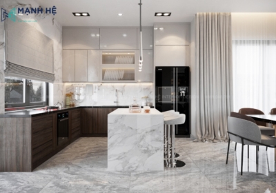 Mẫu tủ bếp chữ L có bàn đảo bếp ốp đá marble tôn lên vẻ sang trọng và thanh lịch