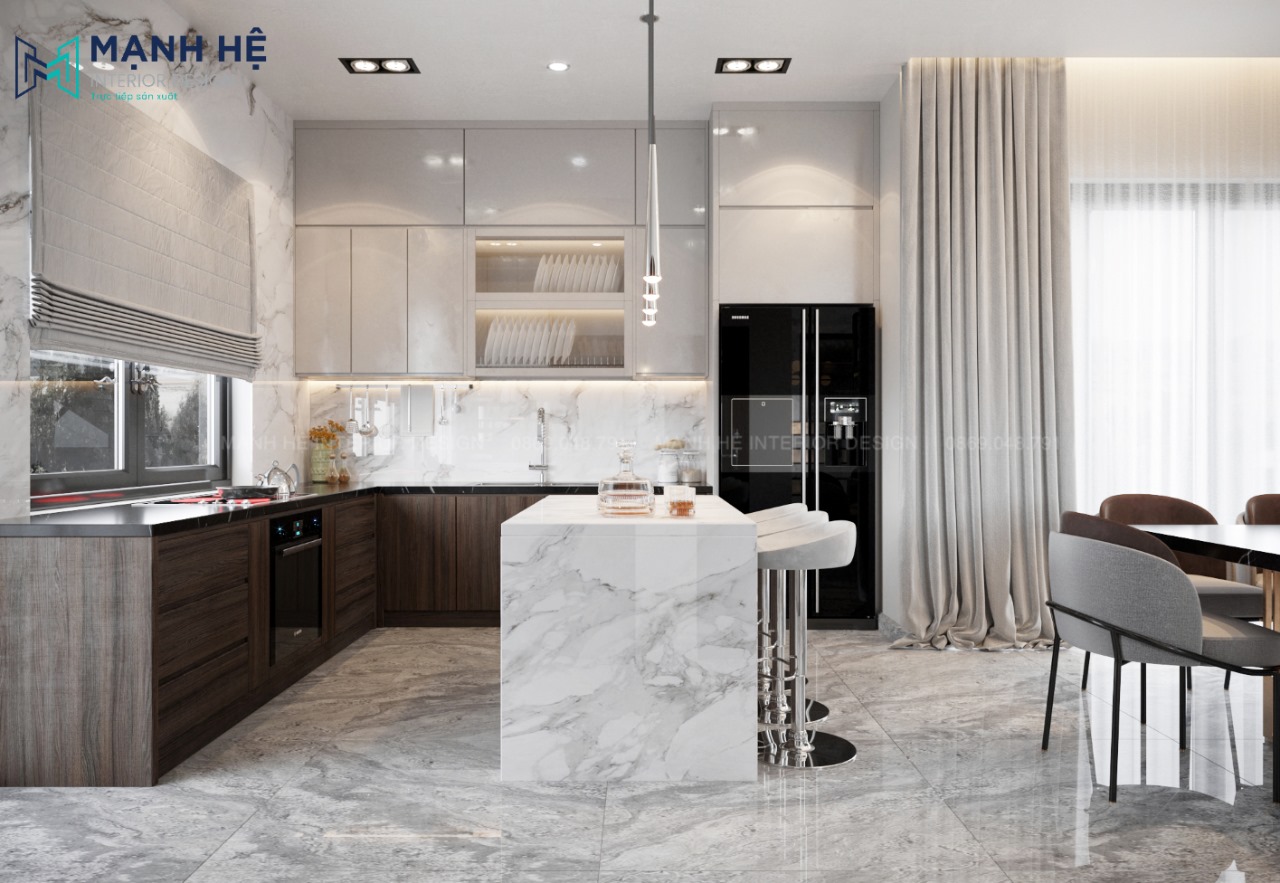 Mẫu tủ bếp chữ L có bàn đảo bếp ốp đá marble tôn lên vẻ sang trọng và thanh lịch