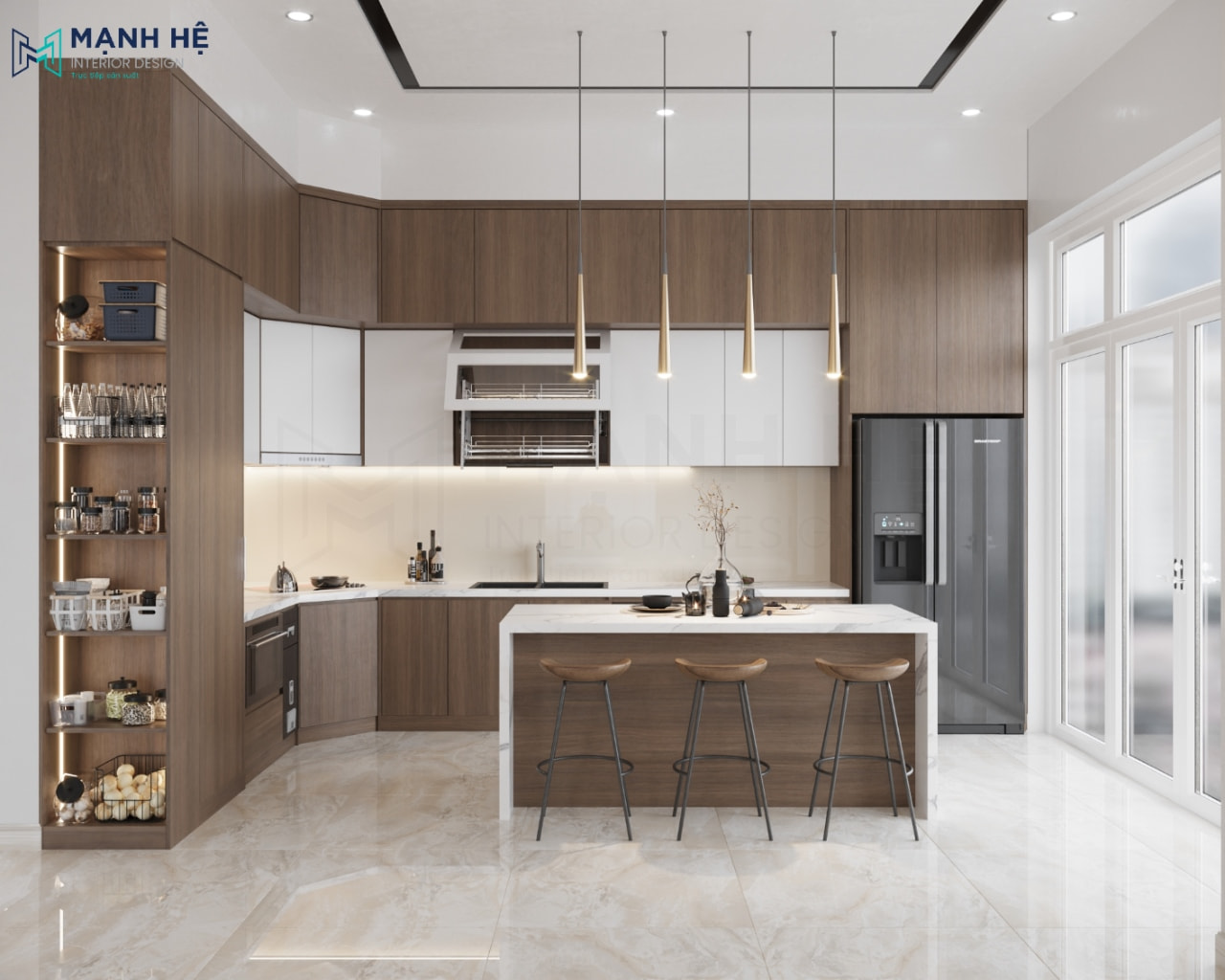 Tủ bếp melamine thêm phần đẹp mắt với điểm nhấn đèn thả ngay bàn đảo bếp