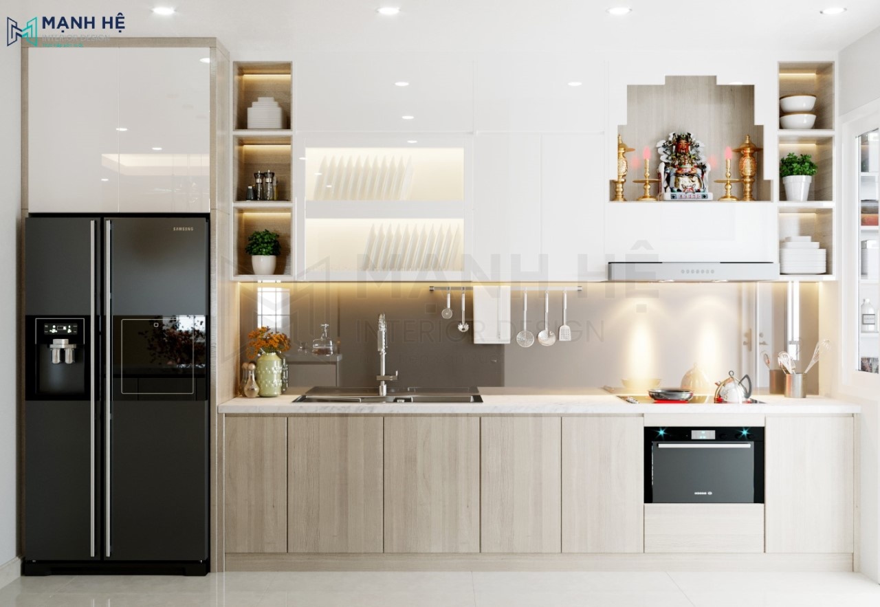 [30+ Mẫu] Tủ bếp có bàn thờ ông táo chuẩn phong thủy Việt