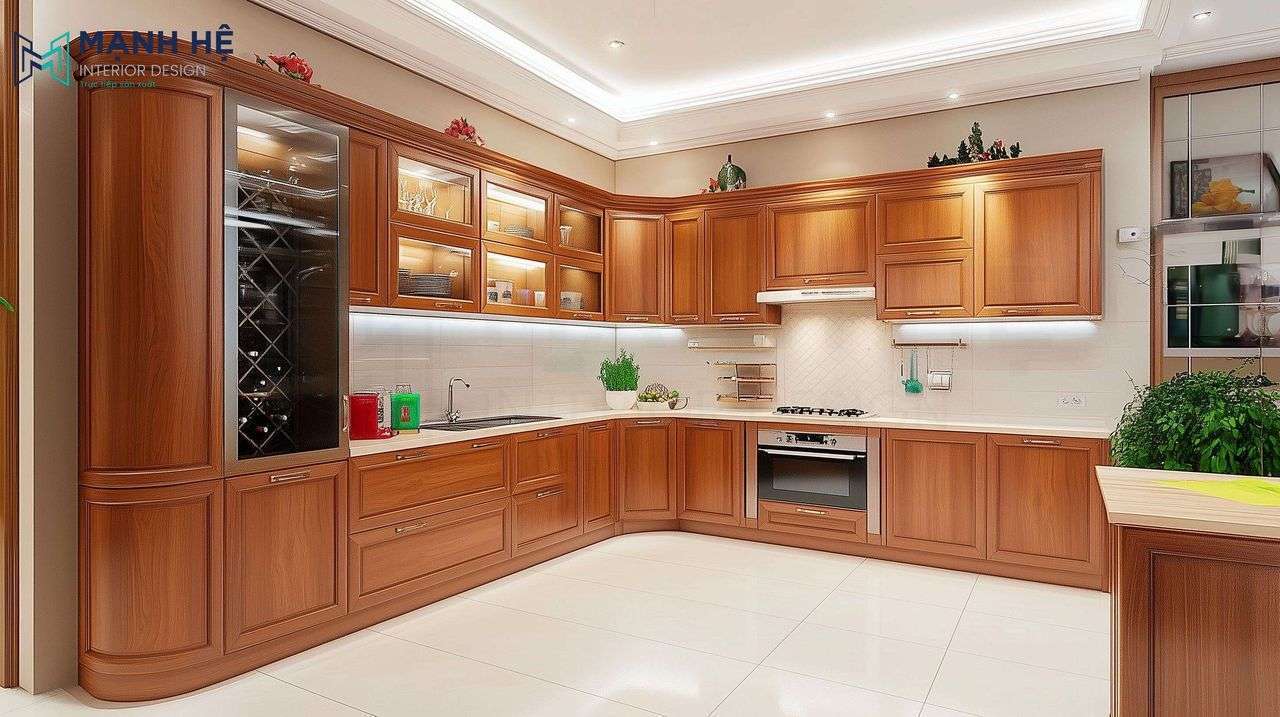 tu-bep-go-xoan-dao-chu-u-noi-that-manh-he Mẫu tủ bếp gỗ xoan đào tích hợp tủ rượu nổi bật với màu nâu của gỗ và mặt bếp màu bằng đá màu trắng