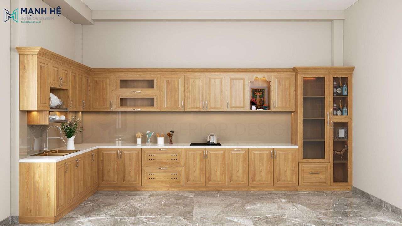 Thiết kế hệ tủ bếp chữ L có màu nâu của gỗ kết hợp với mặt bếp bằng đá màu trắng