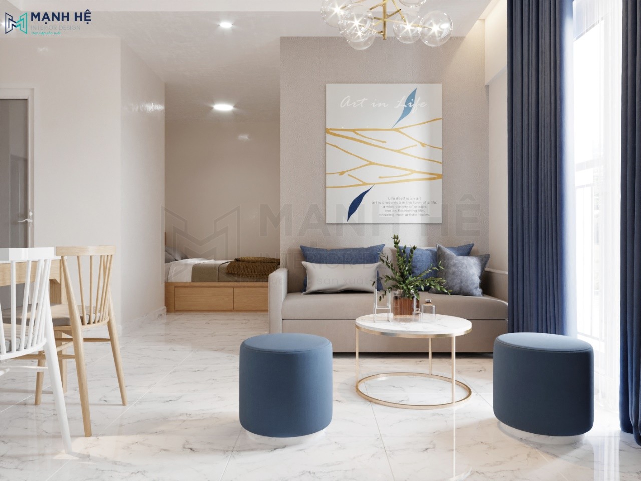 Thiet Ke Noi That Chung Cu Bố trí bộ ghế sofa chữ i nhỏ gọn cho phòng khách căn hộ