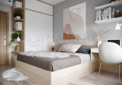 Thiết kế phòng ngủ với tủ quần áo cửa lùa gam trắng hiện đại