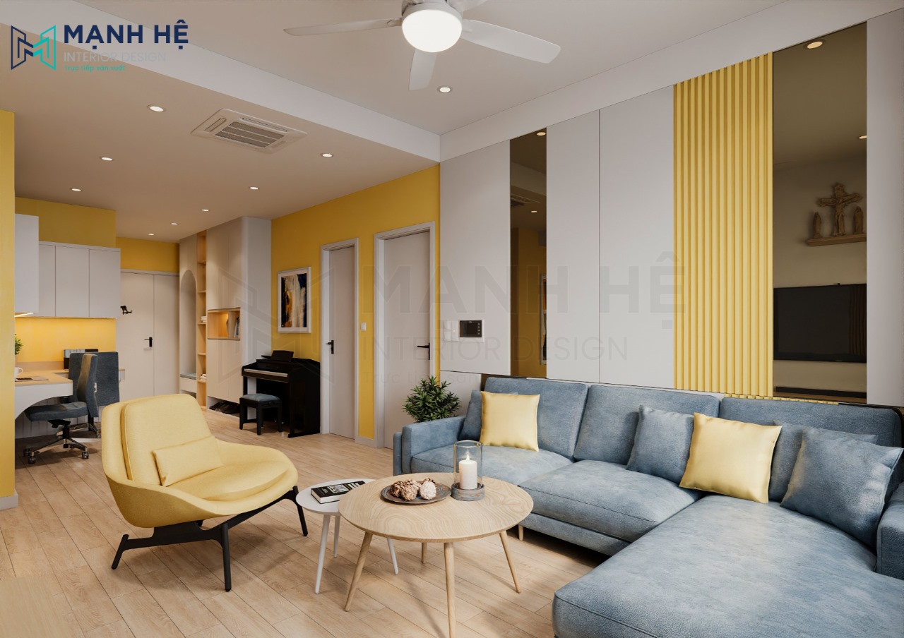 Không gian phòng khách liền bếp có kích thước lớn rộng rãi