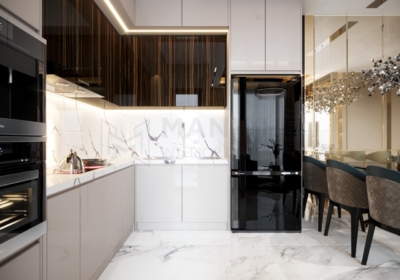 Thiết kế hệ tủ bếp gỗ công nghiệp phủ acrylic hiện đại có ngăn chứa tủ lạnh và tủ nướng tiện nghi