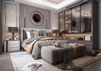 Tận dụng sắc xám cho phần giường và vách ốp tạo nên vẻ đẹp vô cùng lôi cuốn