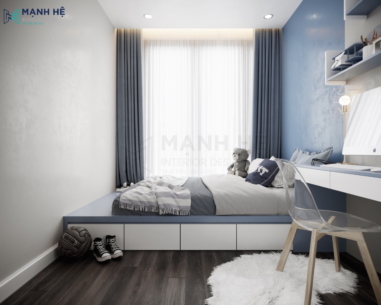 Giường ngủ dạng bục có 4 ngăn kéo được làm từ gỗ công nghiệp cứng cắp và chắc chắn