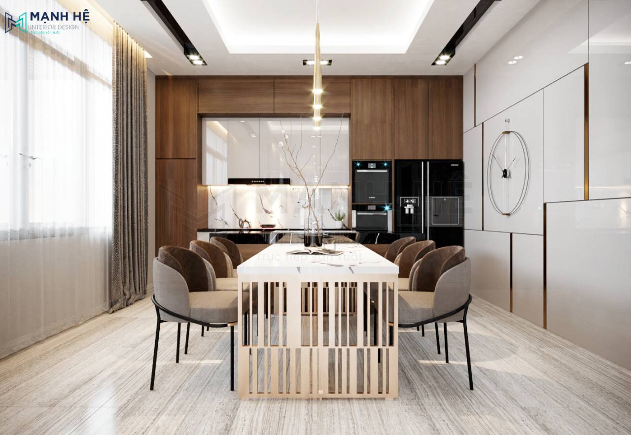 Ốp tường Acrylic bóng gương kết hợp nẹp vàng sáng bóng tạo nên không gian phòng bếp sang trọng