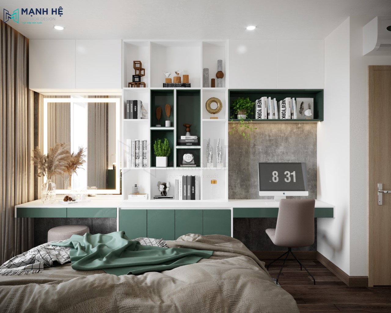 9 Tu Ke Trang Tri Ket Hop 1 Bộ phòng ngủ 18m2 PN068