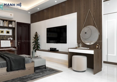 Tivi treo tường nên thiết kế kệ tủ tivi khá đơn giản