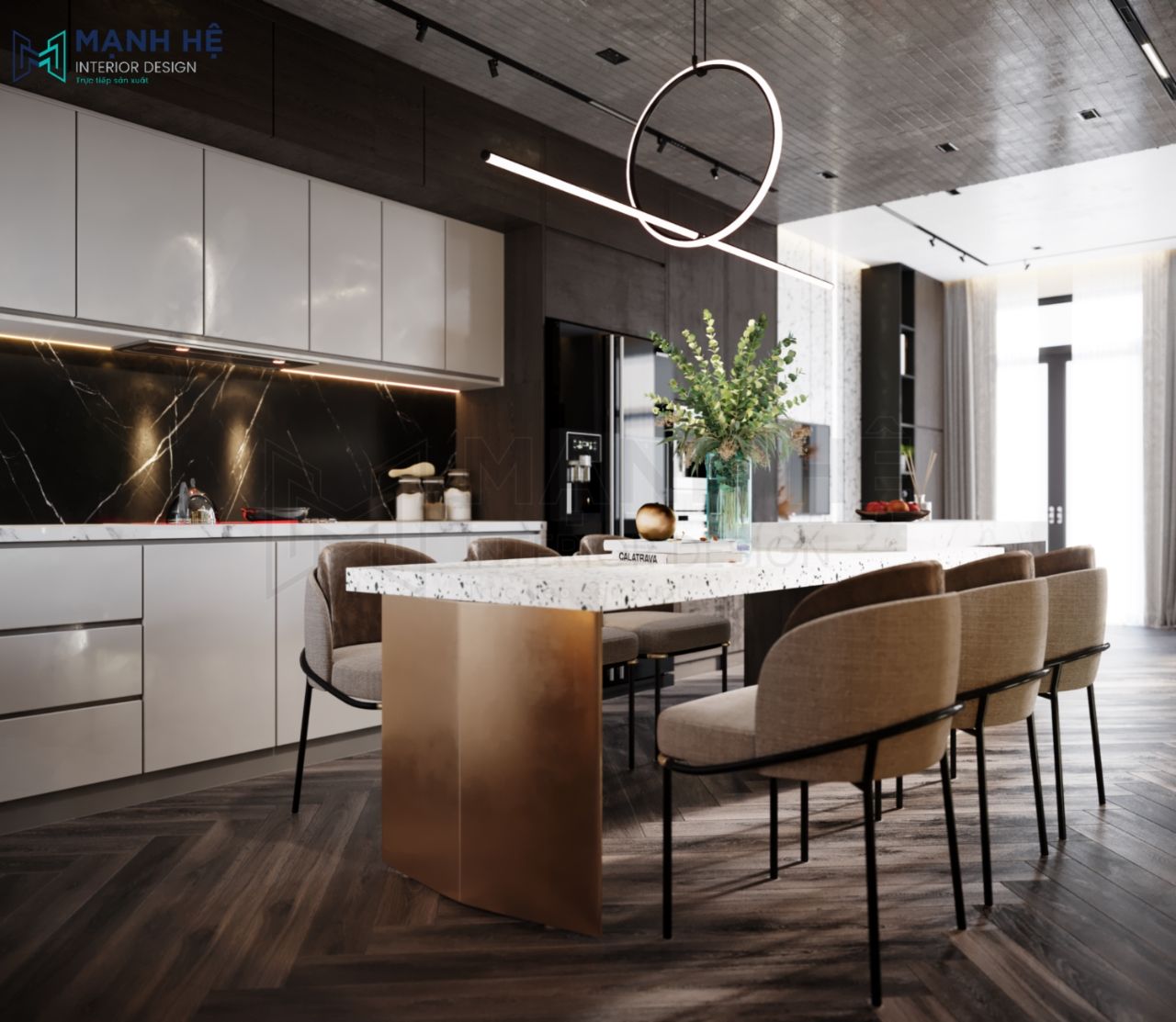 Phòng bếp thiết kế bàn ăn lớn nối liền với bàn đảo bếp tạo không gian lớn đẳng cấp