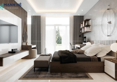 Các món đồ nội thất đều được làm từ gỗ óc chó làm tăng thêm nét sang trọng, đẳng cấp cho căn phòng