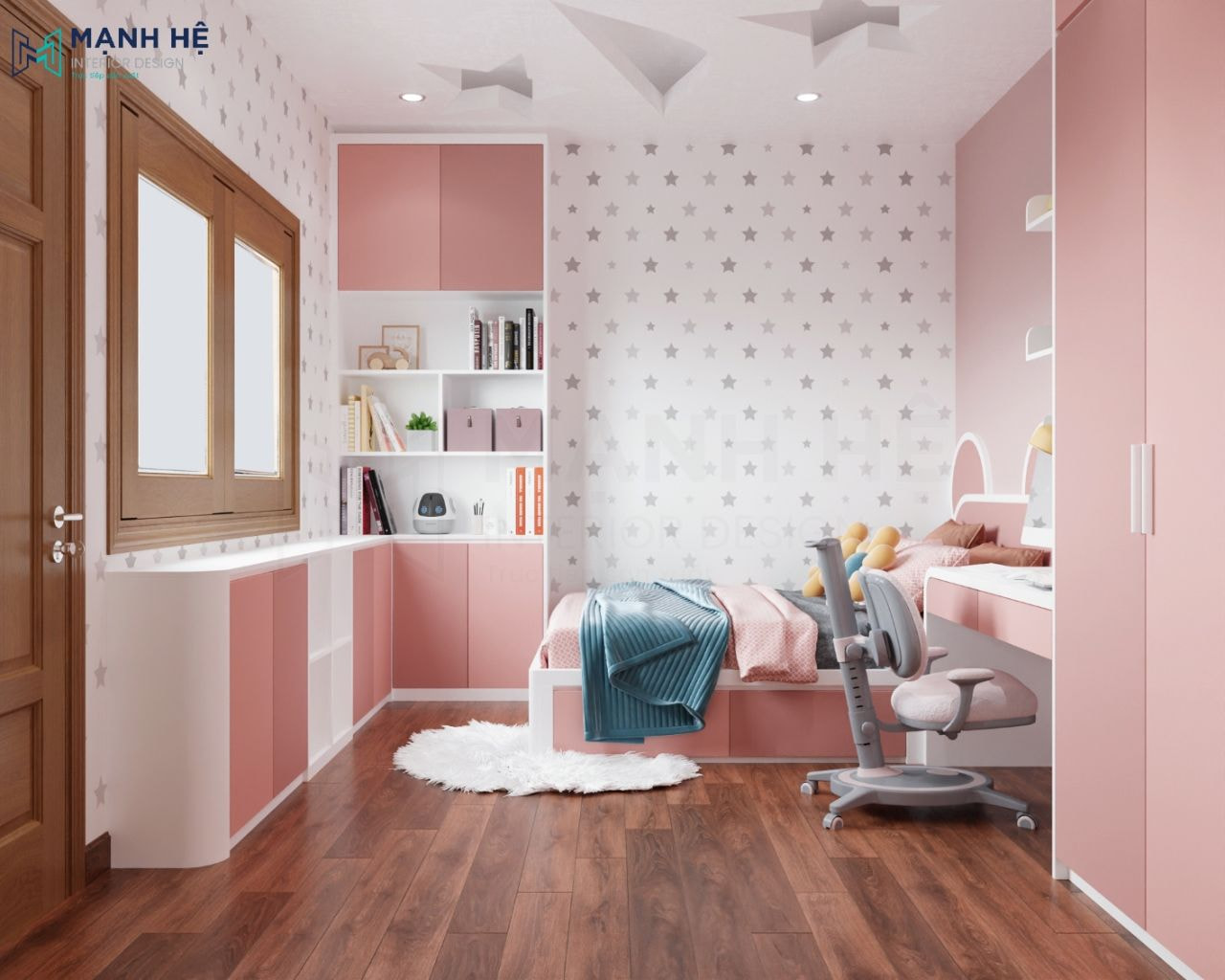 Tủ sách chữ L với các ngăn hộc lớn chứa sách và đồ trang trí 