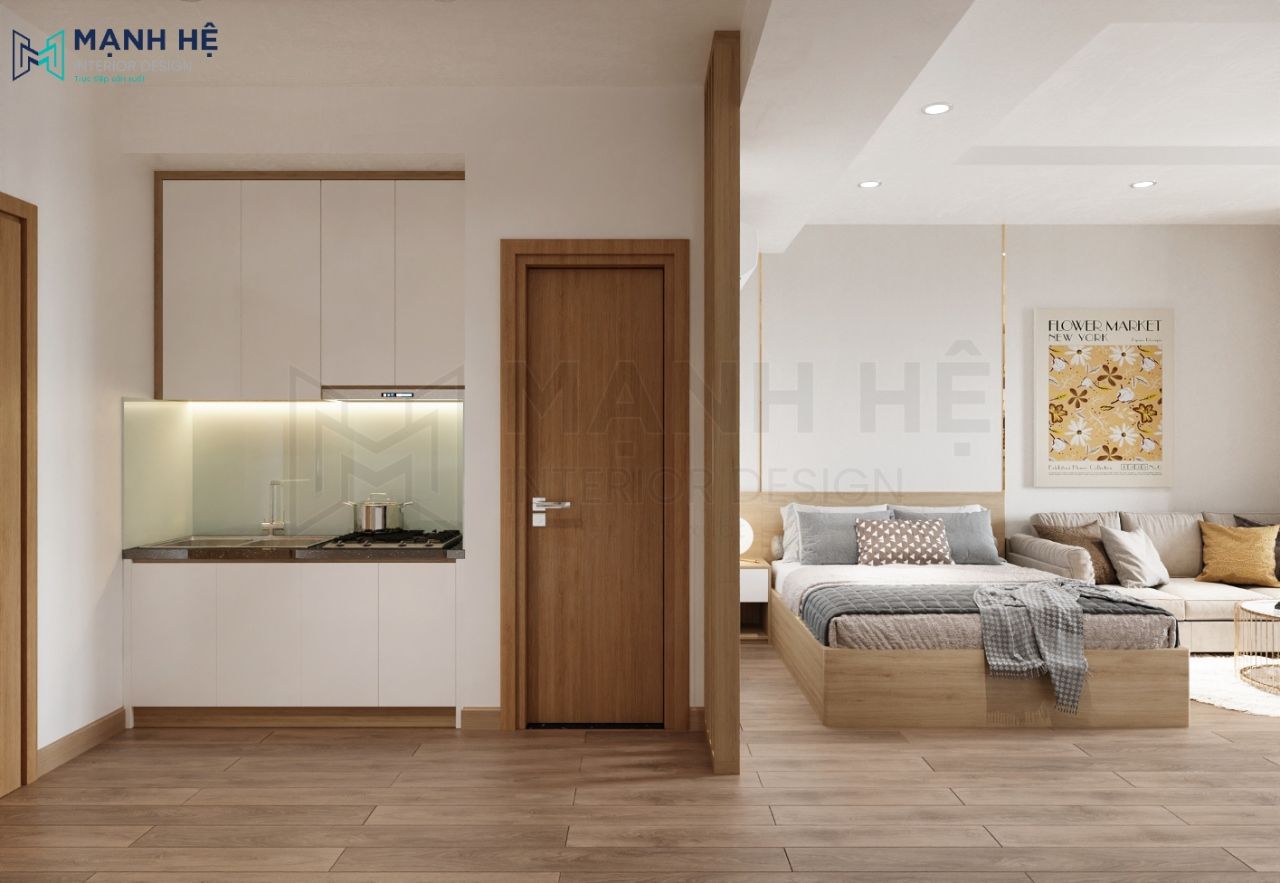 Thiết kế nội thất căn hộ studio mini có phòng hách liền bếp và phòng ngủ