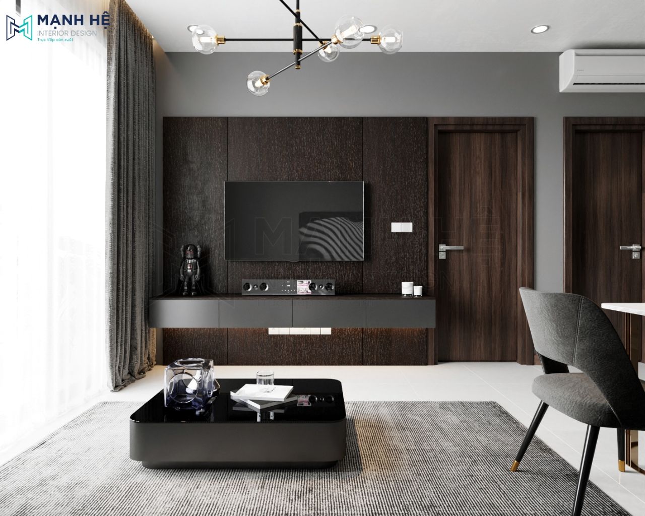 Vách ốp gỗ mảng tường sau tivi màu nâu đen sang trọng