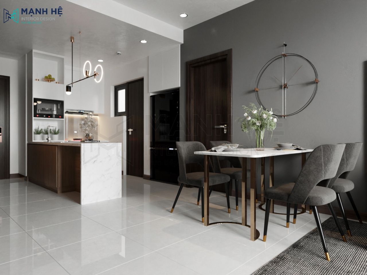 Bộ bàn ăn 4 ghé đặt sát tường như là vách ngăn phân chia phòng khách và bếp