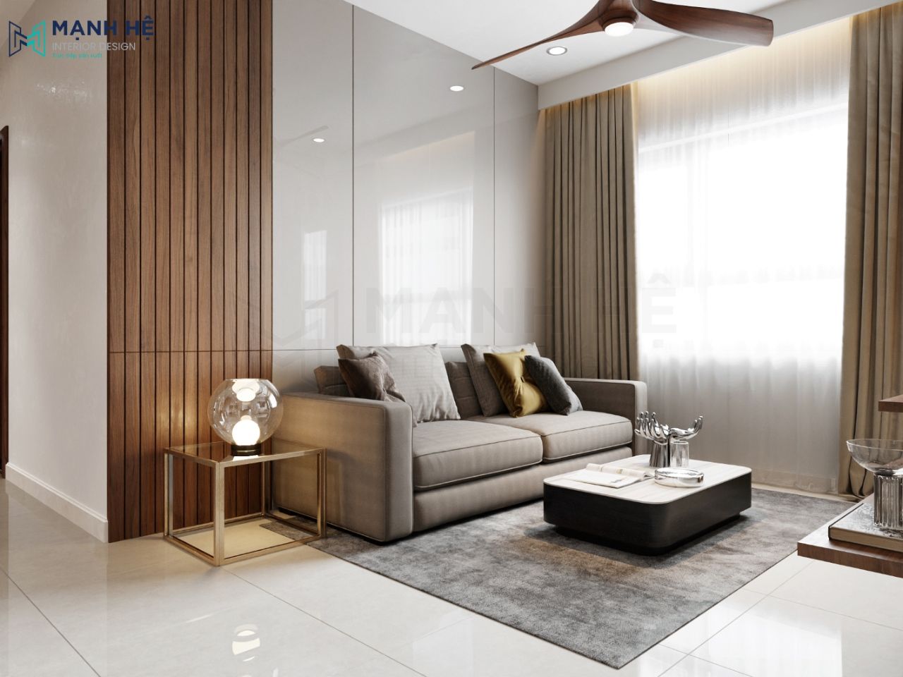 Thiết kế nội thất chung cư 70m2 hiện đại chất liệu gỗ công nghiệp với vách ốp tường phủ acrylic sáng bóng