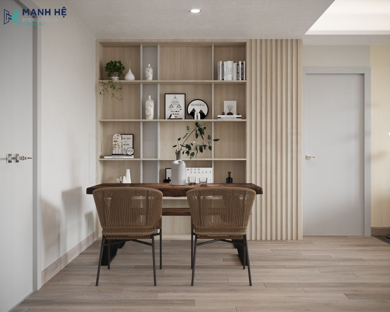 Thiết kế kệ trang trí phòng ăn với khoảng cách các ngăn lớn nhỏ khác nhau cho gia chủ thêm không gian trang trí