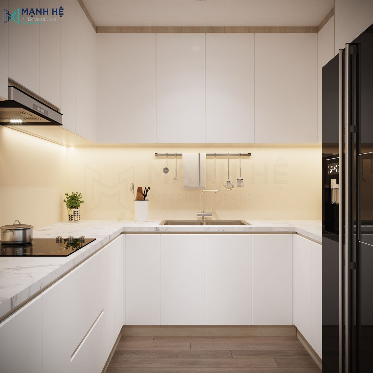Không gian bếp sử dụng tông màu trắng với chất liệu gỗ MFC phủ melamin chống trầy hiện đại