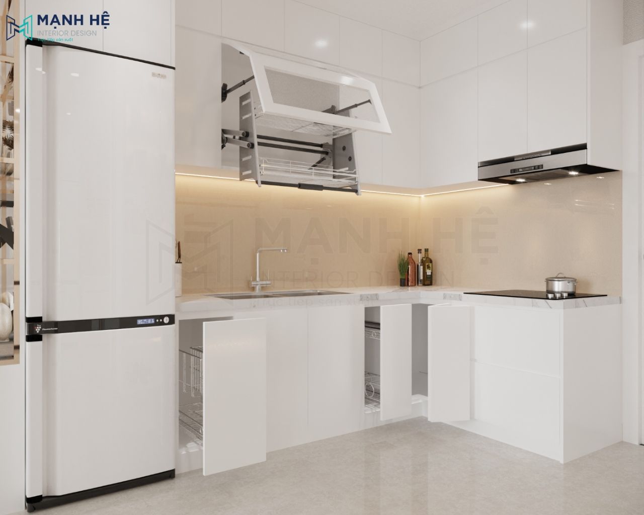 Hệ tủ bếp gỗ công nghiệp đồng bộ màu với gam chủ đạo của tổng thể căn hộ