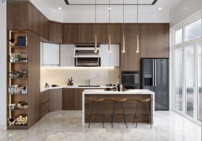 Thiết kế phòng bếp cho nhà ống 5m đơn giản mang vẻ đẹp nhẹ nhàng cùng màu nâu gỗ làm chủ đạo và tủ bếp được thiết kế dạng bo cong giúp không gian thêm phần mềm mại