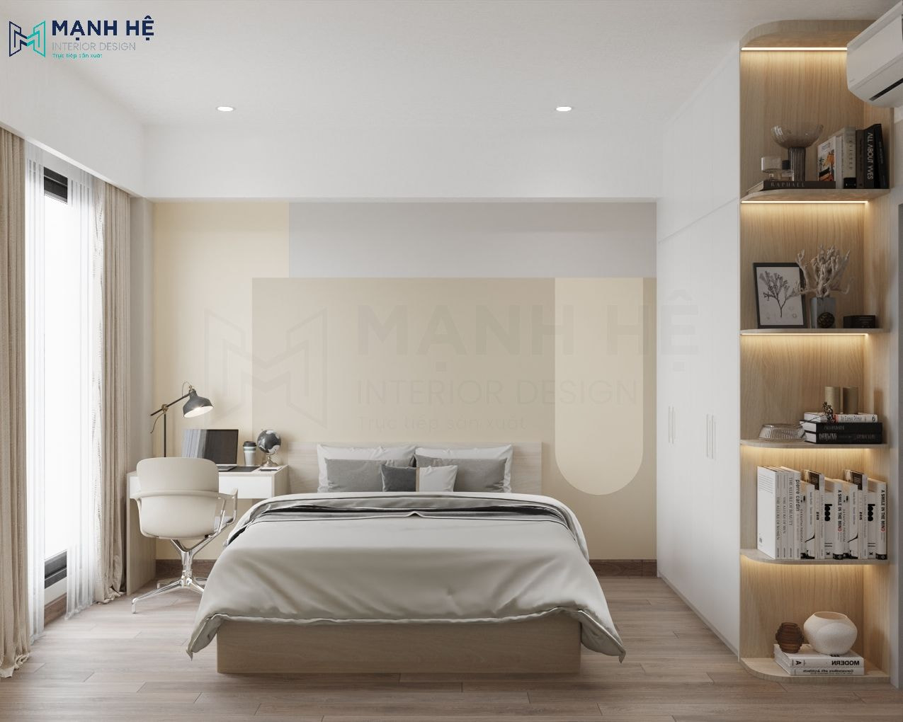 Thiết kế phòng ngủ nhỏ với tủ quần áo gỗ công nghiệp cao đụng trần tối ưu không gian lưu trữ
