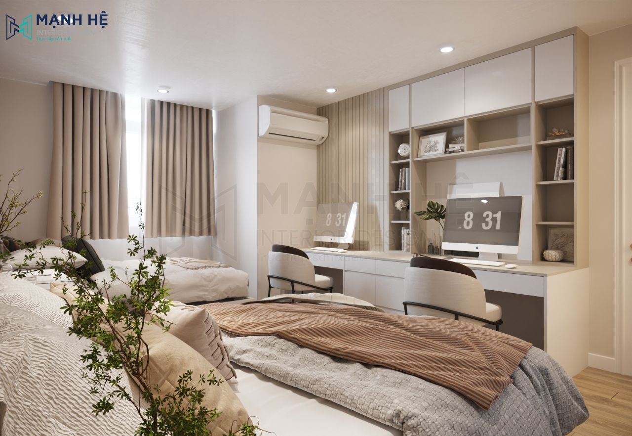 Bàn làm việc đôi với gam màu be nhã nhặn