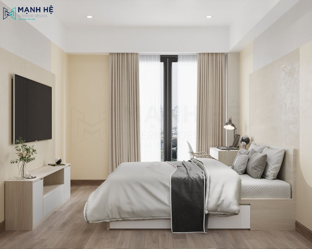 Hệ rèm cửa 2 lớp kêt hợp đèn âm trần cho không gian thêm sang trọng, tươi sáng hơn