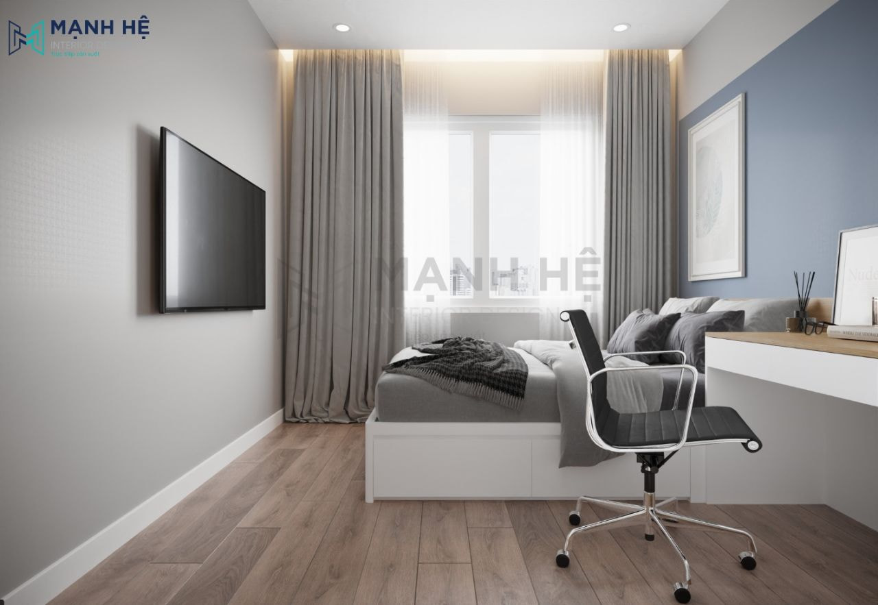 Thiết kế nội thất phòng ngủ thông minh với giường ngủ dạng bục có hộc kéo cho gai chủ không gian lưu trữ thoải mái hơn