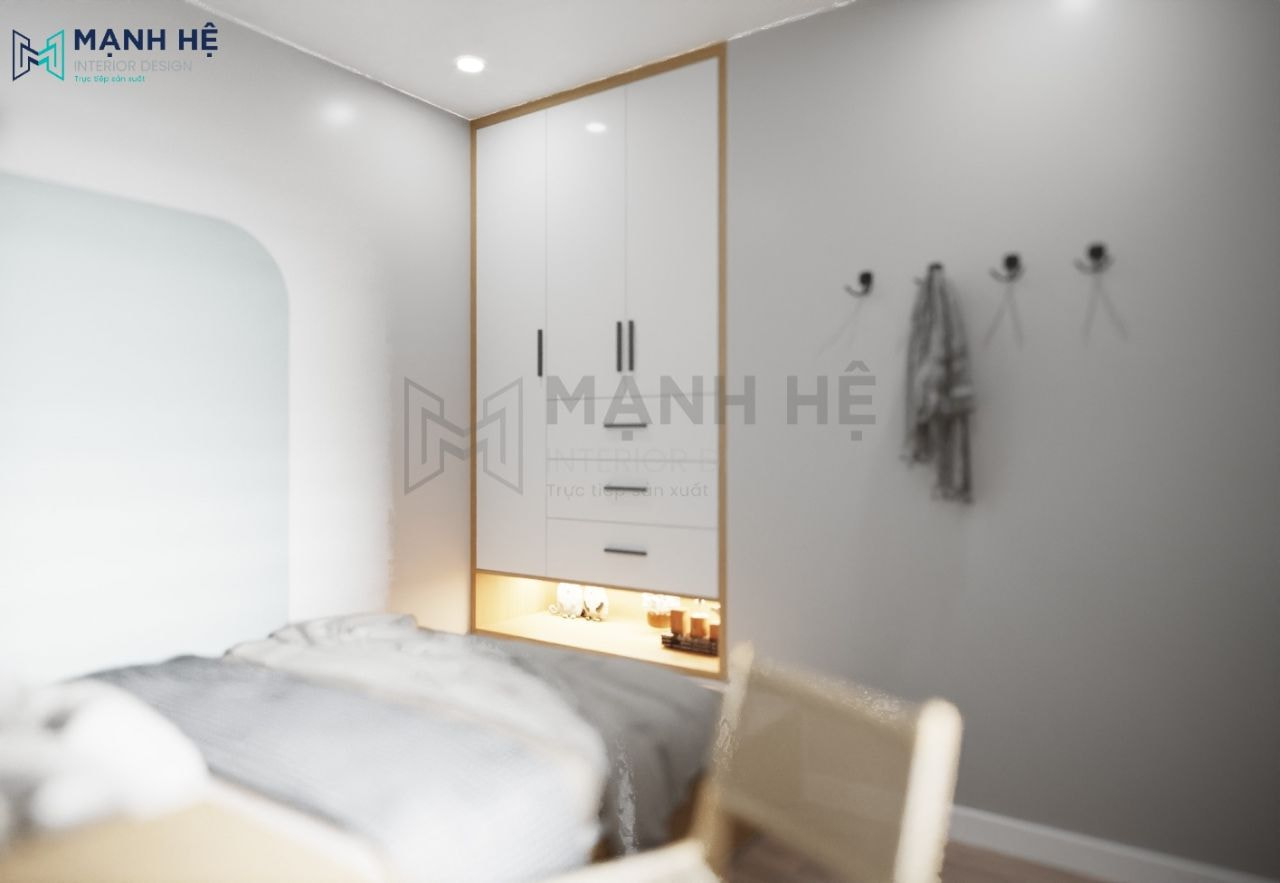 Hộc giao giữa tủ quần áo với giường ngủ cho gia chủ không gian trang trí nhẹ nhàng siêu dễ thương