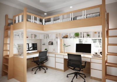 Mẫu giường tầng chữ L kèm bàn học GT029