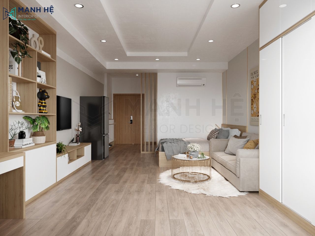 Thiết kế nội thất căn hộ chung cư mini có phòng khách liền phòng ngủ