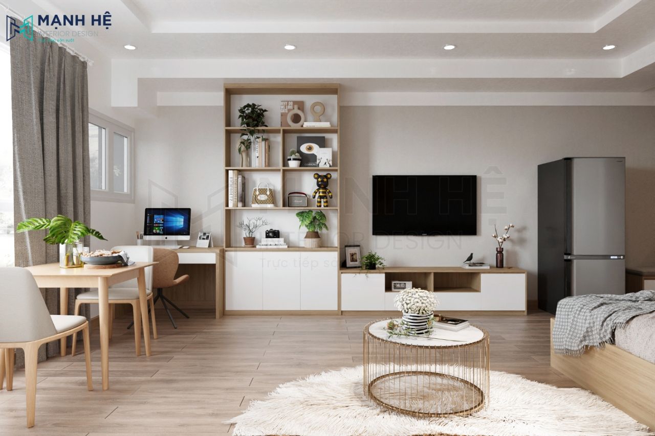Thiết kế nội thất căn hộ chung cư có phòng khách liền phòng ngủ