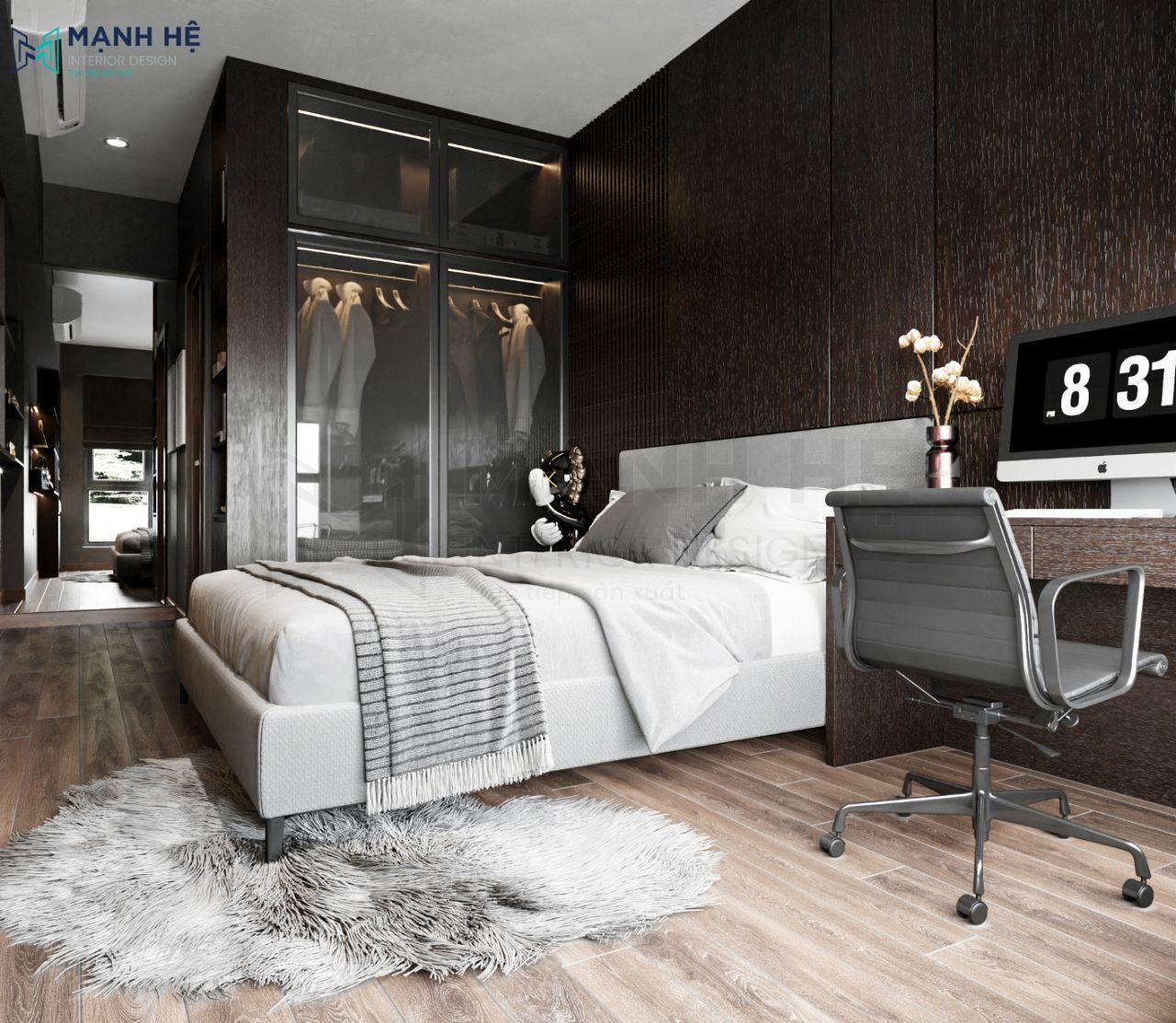 Phòng ngủ 02 cũng ứng dụng gam màu tối làm gam màu chính