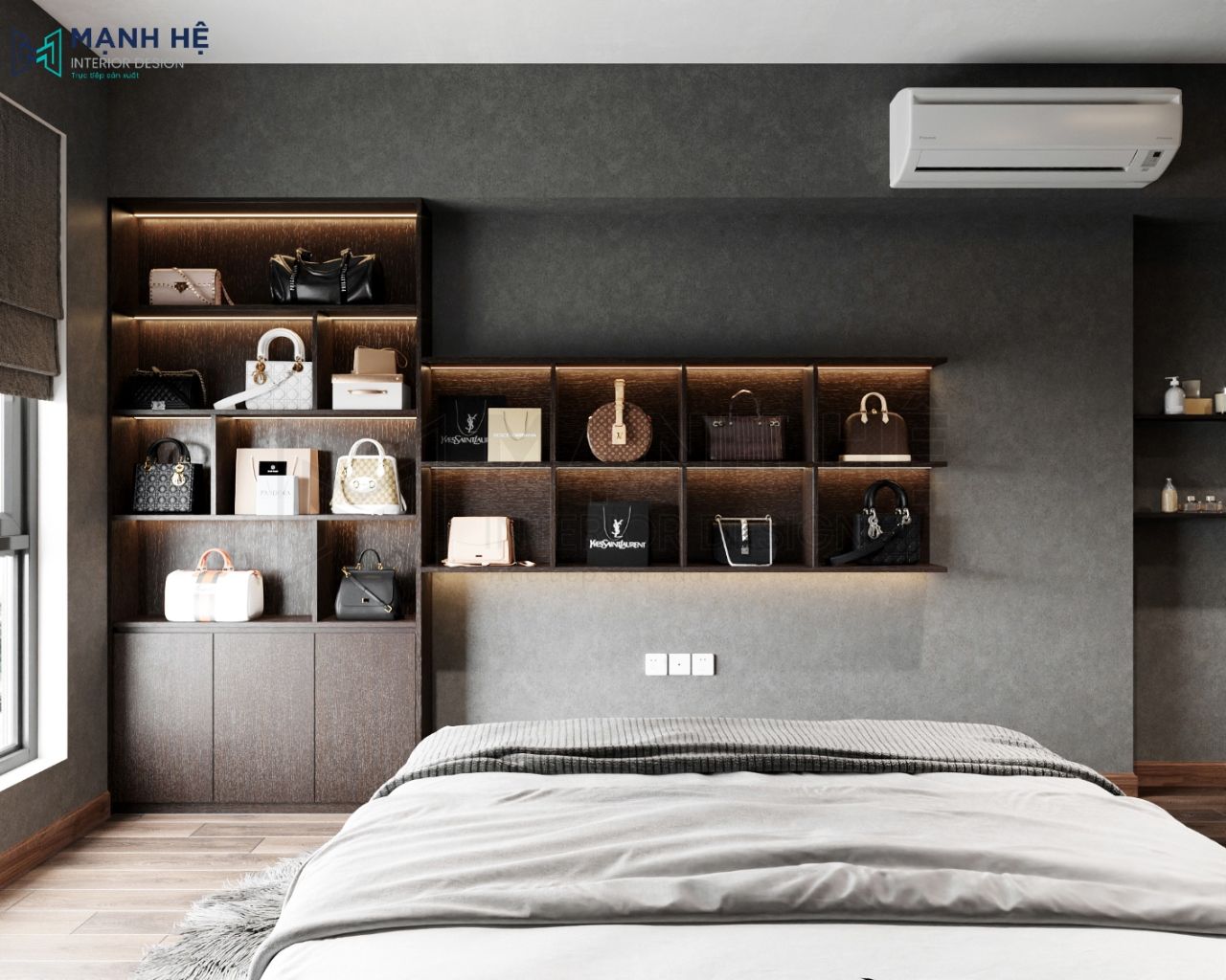 Tủ đựng túi xách nối liền kệ treo tường