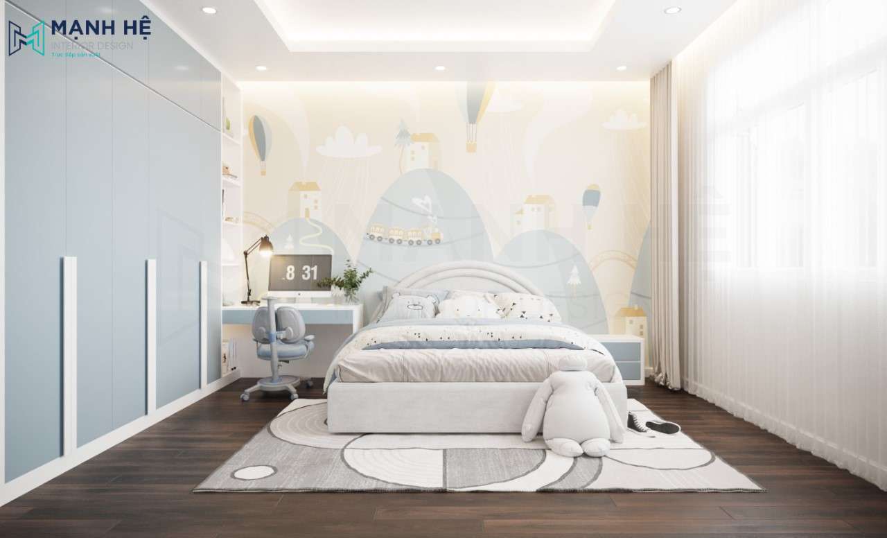 Phòng ngủ sử dụng tủ quần áo cao đụng trần liền kệ sách tối ưu diện tích trưng bày cho bé