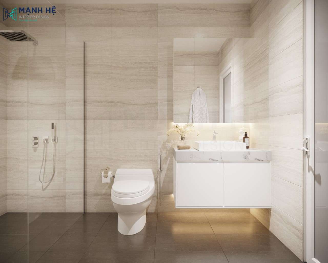 Sử dụng đá marble ốp bồn rửa kết hợp cùng hệ tủ gương cùng tủ lavabo hiện đại, Phòng vệ sinh phòng ngủ master đơn giản sử dụng gam màu nude tinh tế 