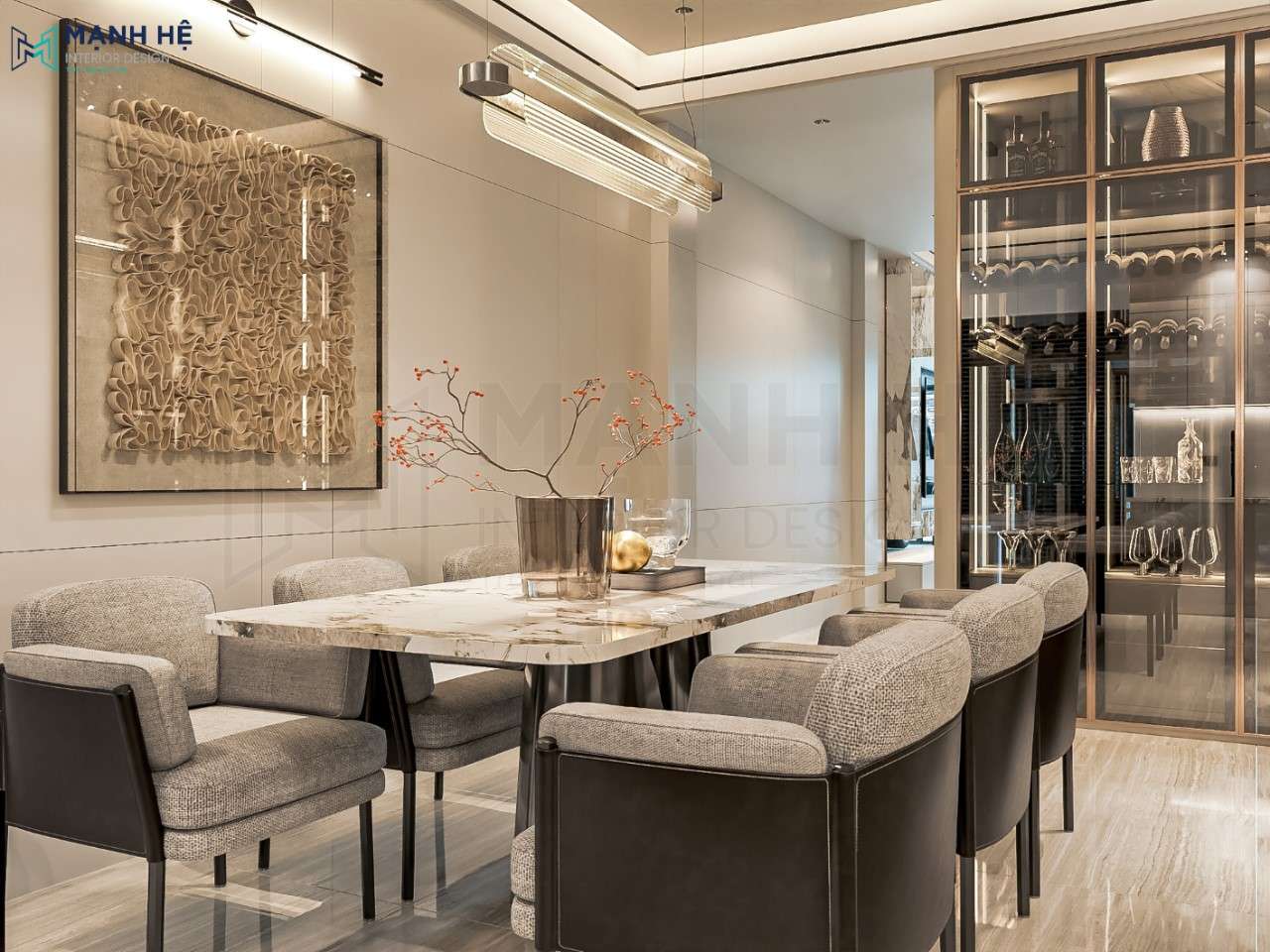 Bộ bàn ăn đá Marble 6 ghế được trang trí bằng đèn thả, tranh trườu tượng chính là điểm nhấn của khôn gian phòng bếp
