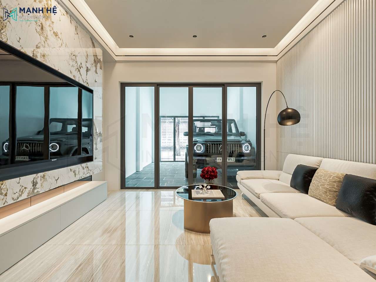 Thiết kế phòng khách sử dụng hệ đèn trần cao cấp, kết hợp chạy đèn led tăng thêm sự đẳng cấp nhưng không kém phần ấm cúng