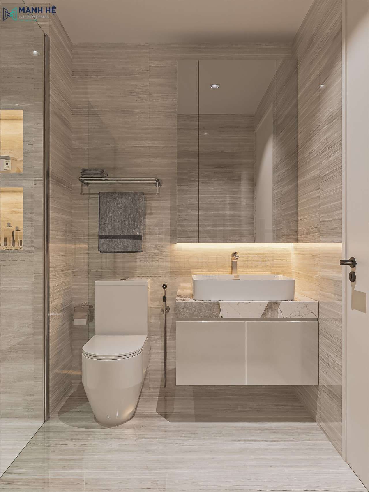 Thiết kế nhà vệ sinh tối giản vs hệ tủ gương và tủ lavabo
