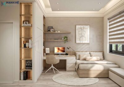 Phòng ngủ tràn ngập sự ấm cúng với gam màu trung tính làm chủ đạo cùng với điểm nhấn ở bức tranh treo tường vô cùng đẹp mắt
