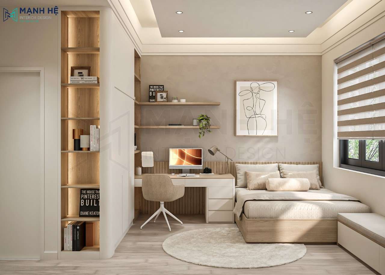 Phòng ngủ nhỏ được các KTS bố trí dồn về 1 góc mang lại diện tích di chuyển rộng rãi