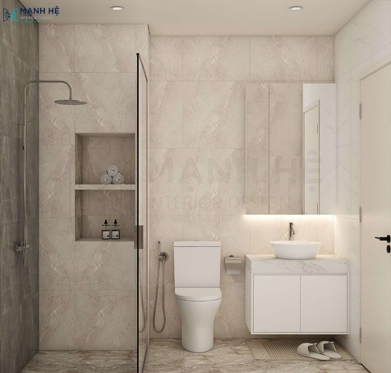 Phòng tắm cũng thừa hưởng nét đẹp nhẹ nhàng của căn phòng này với gam màu xám nhẹ tinh tế
