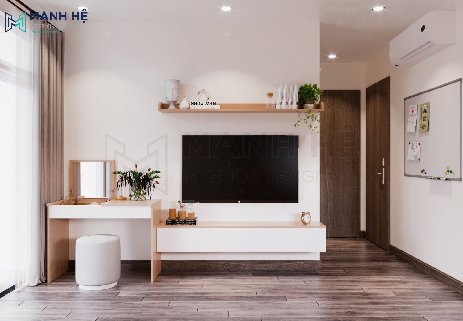 Thiet Ke Chung Cu Kệ tivi treo tường bo góc tròn cho chiếc kệ vừa tránh va đập, vừa tạo điểm nhấn độc đáo
